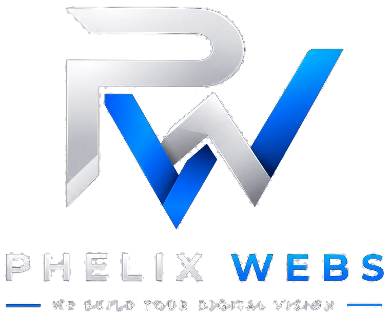 Phelix Webs logo: interlocked PW monogram with the tagline We build your digital vision